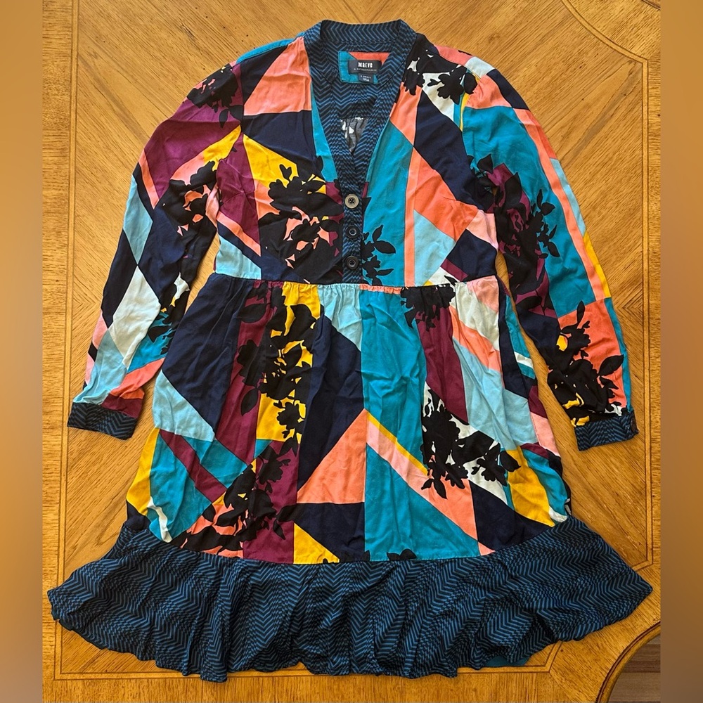 Anthropologie Maeve Women’s Sz XS Abstract Shirt Dress Fit Flare Patchwork